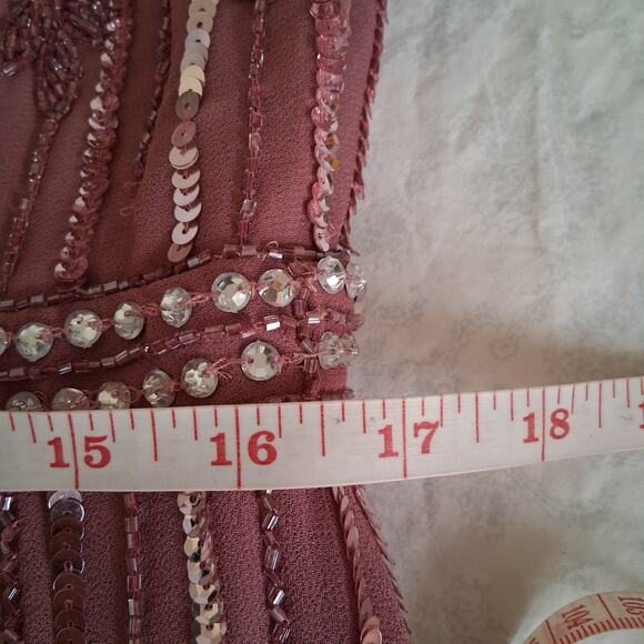 MAC DUGGAL Jewel Lined Neck Long Sleeve Tea Length Rosewood Floral Beaded Sz 12 - Picture 8 of 14